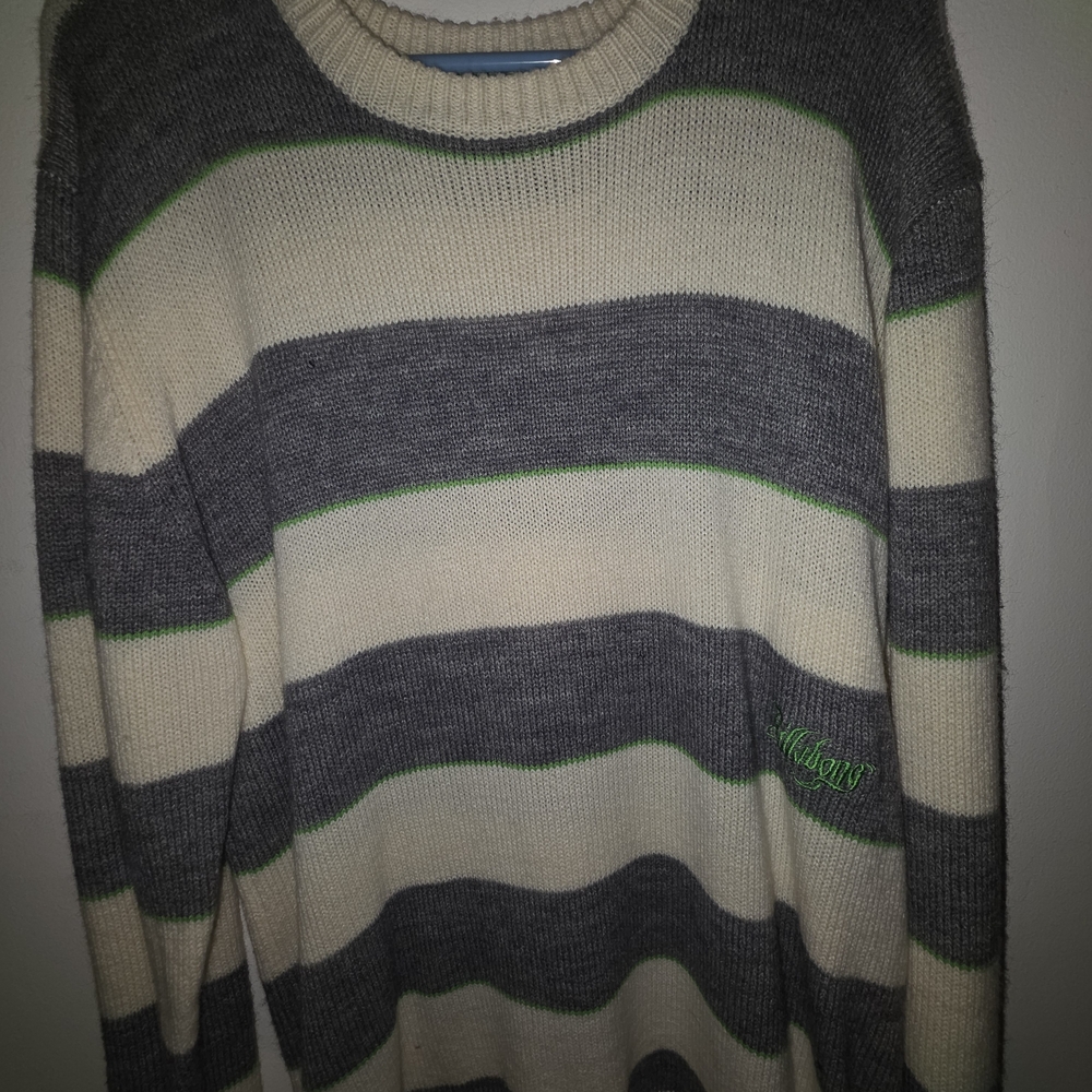 Billabong Gray, Cream, and Green Striped Crewneck Sweater